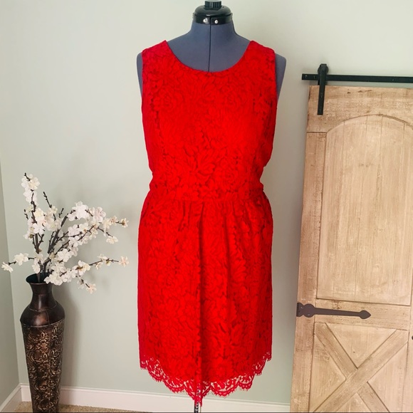 LOFT Red Lace Fit and Flare Dress Size 14 - Picture 2 of 8